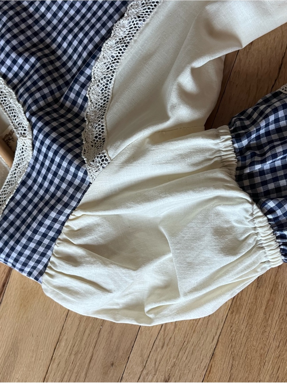 Gunne Sax by Jessica Vintage Cream Dress with Navy Gingham Yoke - Picture 3 of 7